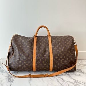 LV Keepall 60 + Strap Duffle Travel Bag Brown Auth Monogram Louis Vuitton